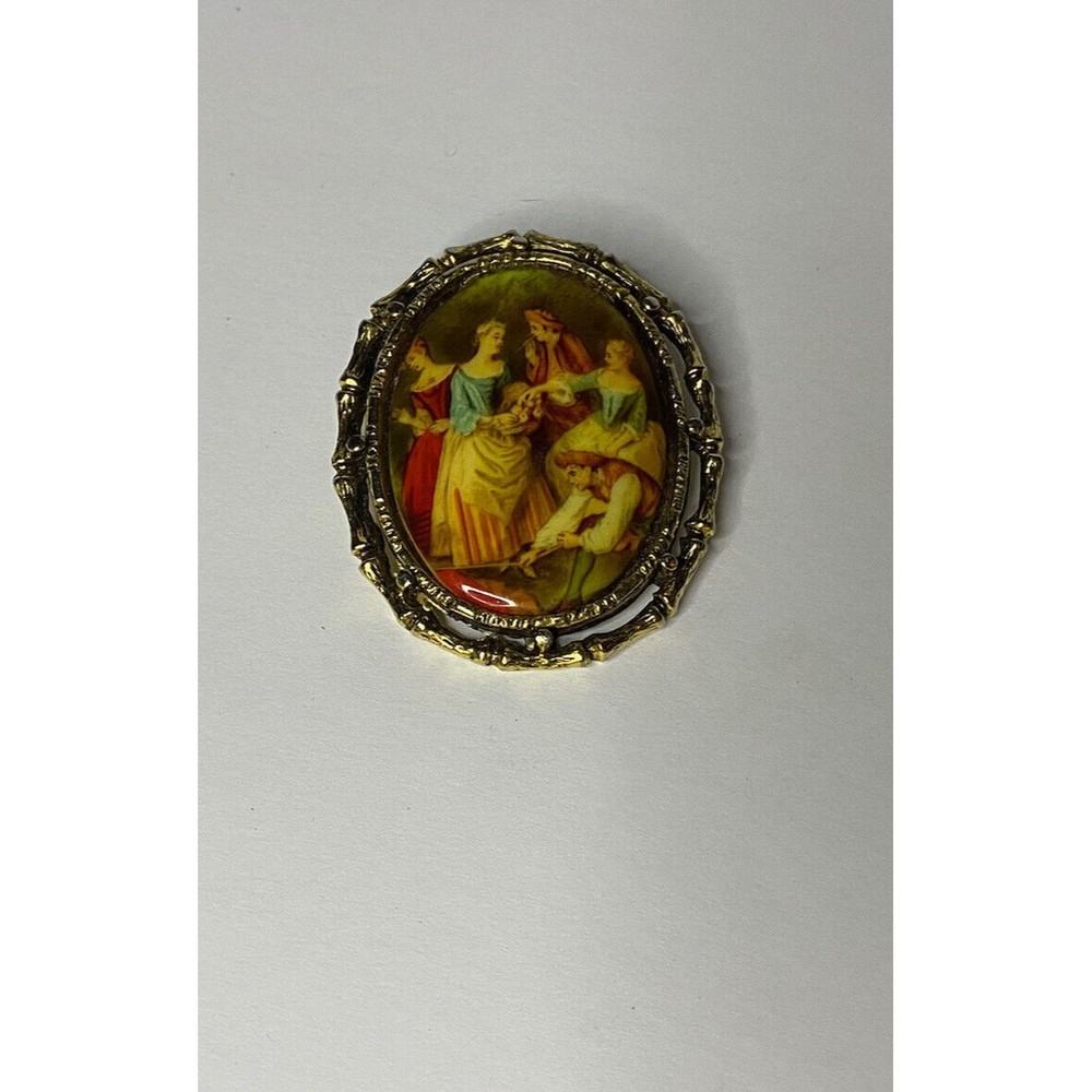 Vintage Western Germany Oval Cameo Picture Gold Tone Rim Pin Brooch